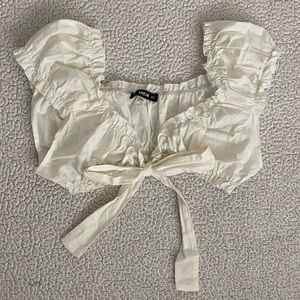 Frill trim tie front crinkle crop top